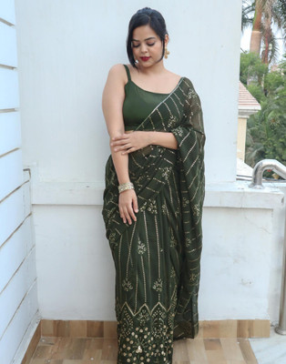 Samah Embroidered, Embellished Bollywood Georgette Saree(Green, Gold)