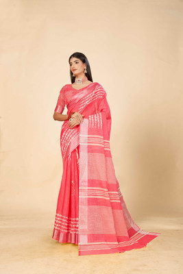 VTEXX Digital Print Saree with Attached Blouse Cotton Linen Saree(Red)