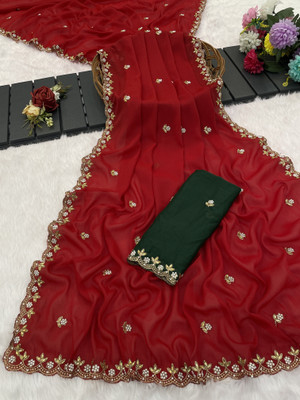 KanjiQueen Embellished Saree with Attached Blouse Chiffon, Silk Blend Saree(Red, Green)