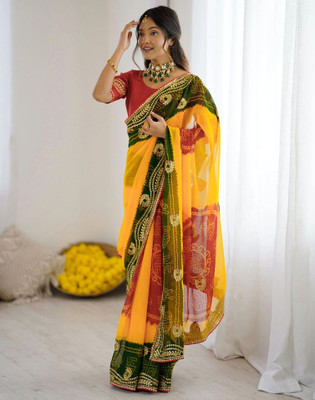 Satrani Printed, Embroidered, Embellished Bandhani Georgette Saree(Green, Yellow)