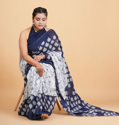 Krishna Creation Geometric Print, Printed, Floral Print Handloom Pure Cotton Saree(Blue)