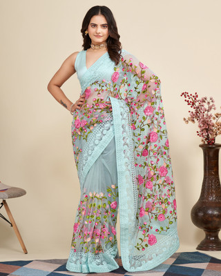 Sasta Bazar Embroidered Bollywood Net Saree(Light Blue)