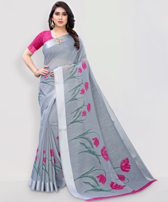 Samah Floral Print, Geometric Print, Embellished Daily Wear Cotton Blend Saree(Grey, Pink)