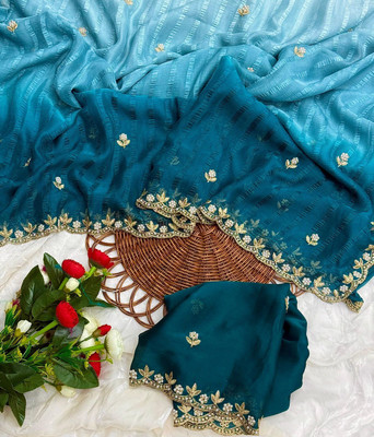 Aquiliq Solid/Plain, Embroidered Bollywood Chiffon, Silk Blend Saree(Purple)
