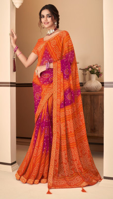 REBOOT FASHIONS Printed Bandhani Chiffon Saree(Orange)