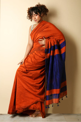 GOLU Solid/Plain, Self Design, Color Block Bollywood Handloom Cotton Blend Saree(Orange, Blue)