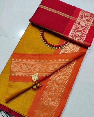 BiswasTextiles Self Design Handloom Cotton Blend Saree(Mustard)