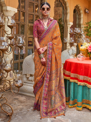Sareemall Printed Kanjivaram Silk Blend Saree(Orange)