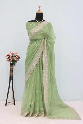 Mikhushop Embroidered Bollywood Organza Saree(Light Green)