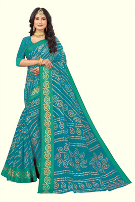 RUNAYA NX Digital Print Bandhani Cotton Blend Saree(Light Blue)