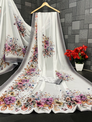 Pemal Designer Digital Print, Printed Bollywood Georgette Saree(White)