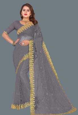 FINERFLY Embroidered Bollywood Net Saree(Grey)