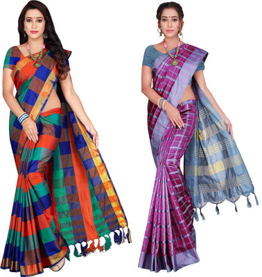 PRIYANSH CREATION Checkered Bollywood Cotton Silk Saree(Pack of 2, Multicolor)