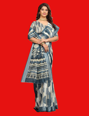 Gajal Printed Kanjivaram Pure Cotton, Cotton Linen Saree(Light Blue, Brown)