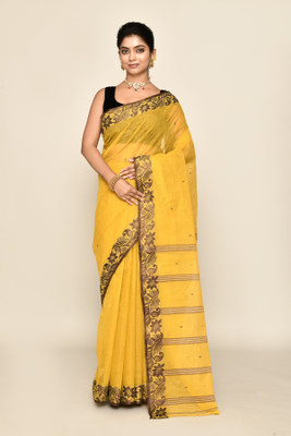maa textile Self Design Tant Pure Cotton Saree(Yellow)