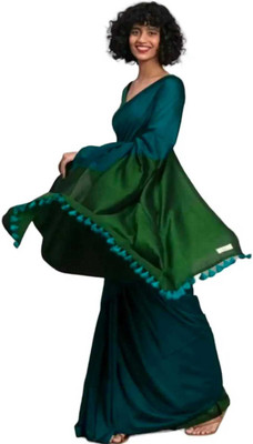 BRYNBRIT Solid/Plain Handloom Cotton Blend Saree(Green, Blue)