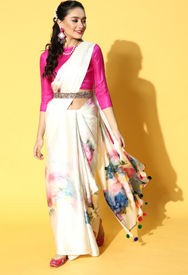 Divastri Printed Bollywood Satin Saree(Cream)