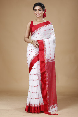 SLAGHA Embellished Narayanpet Handloom Cotton Linen Saree(White, Red)