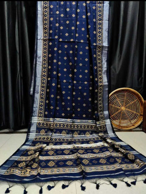 BiswasTextiles Self Design Handloom Cotton Blend Saree(Dark Blue)
