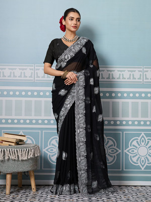 Leelavati Embroidered, Embellished Bollywood Georgette Saree(Black)