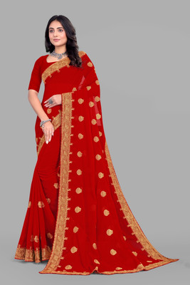 vamikacteation Solid/Plain Bollywood Georgette Saree(Red)