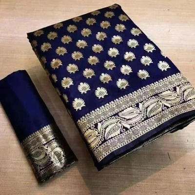KANGLI Woven Banarasi Cotton Silk Saree(Dark Blue)