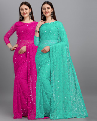 LOROFY Self Design Bollywood Net Saree(Pack of 2, Multicolor)