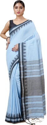 DipDiya Temple Border Handloom Cotton Blend Saree(Light Blue)