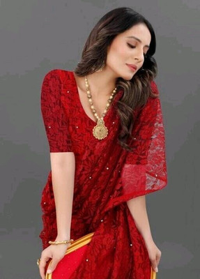 NEXA Solid/Plain Bollywood Net Saree(Red)