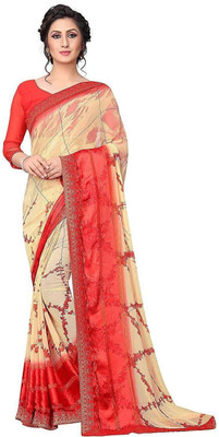RAJESHWAR FASHION Printed Bollywood Georgette Saree(Beige, Red)