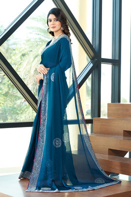 zamuna Solid/Plain, Self Design Daily Wear Georgette Saree(Blue)