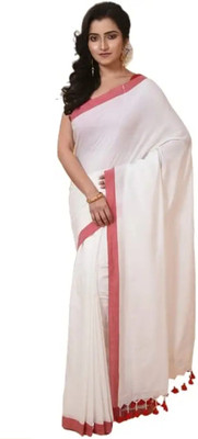 Ankita saree house Solid/Plain Handloom Pure Cotton Saree(White)