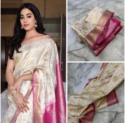 Akram Textiles Hub Woven Banarasi Cotton Silk, Art Silk Saree(Pink, White)