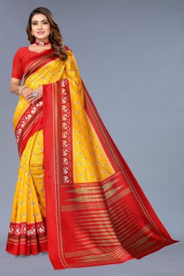 DESIGN WILLA Printed Bollywood Art Silk Saree(Yellow, Red)