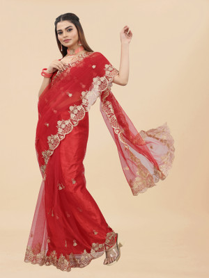 YASHVI Embroidered Bollywood Net Saree(Red)