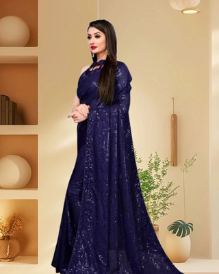 Jayu Digital Print, Dyed, Embroidered, Printed, Self Design, Striped Bollywood Georgette Saree(Dark Blue)