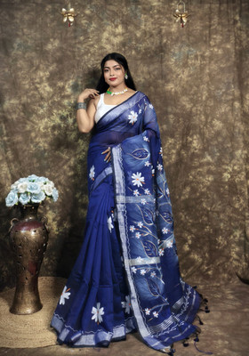 GulabiSaheba Printed Saree with Attached Blouse Cotton Silk Saree(Blue)
