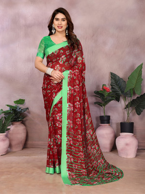 Anand Sarees Floral Print Saree with Attached Blouse Georgette, Satin Saree(Brown, Light Blue)