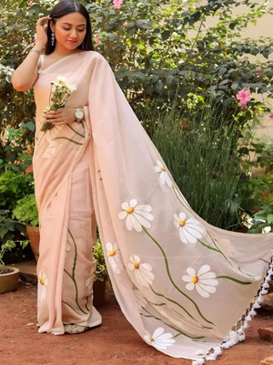 HIJA TRENDZ Floral Print Daily Wear Linen Saree(Cream)
