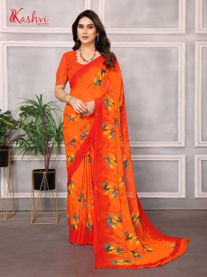 kashvi sarees Printed Bollywood Chiffon Saree(Orange, Red)