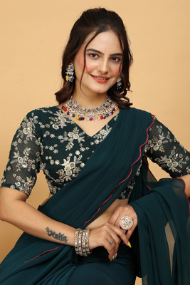 KONICA FAB Solid/Plain Bollywood Georgette Saree(Dark Blue)