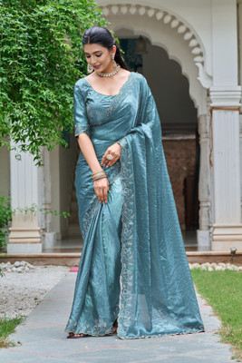 MADHUR HAND WORK ART Self Design, Embellished Bollywood Jimmy choo Saree(Light Blue)