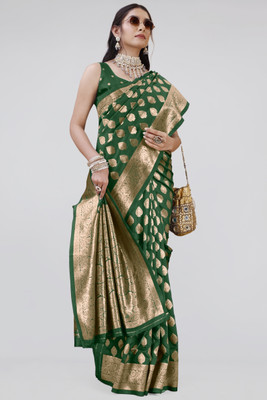MIRCHI FASHION Woven, Embellished Banarasi Silk Blend Saree(Dark Green)
