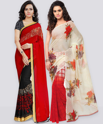 Anand Sarees Printed Daily Wear Georgette Saree(Pack of 2, Red, White)