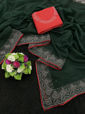 JENNYFEB Embellished Bollywood Supernet Saree(Green)