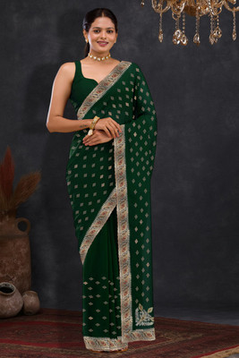 MADHUR HAND WORK ART Printed Bollywood Georgette Saree(Green)