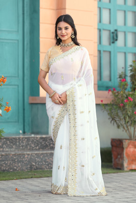 NETRA BOUTIQUE Self Design, Embroidered Bollywood Georgette Saree(White)