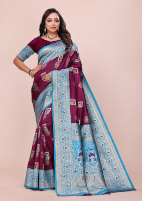 FashionZonee Embellished, Woven Paithani Pure Silk Saree(Maroon)