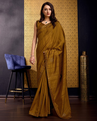 Divastri Embellished, Solid/Plain, Self Design Bollywood Tussar Silk, Silk Blend Saree(Brown)