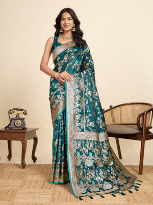 Upalksh Woven, Self Design, Striped, Printed Handloom Jacquard, Silk Blend Saree(Green)